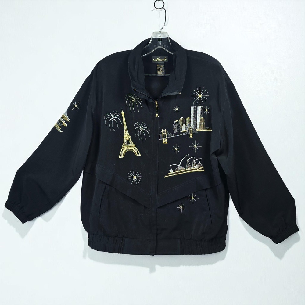 Vintage Mureli World Cities Jacket Woman Medium Black Embroidered Artsy 80s READ